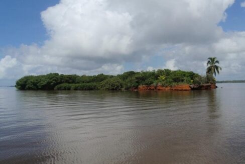 Aerial view of Nicaragua island for sale Bluefields in the lagoon with mangrove forest and boat access