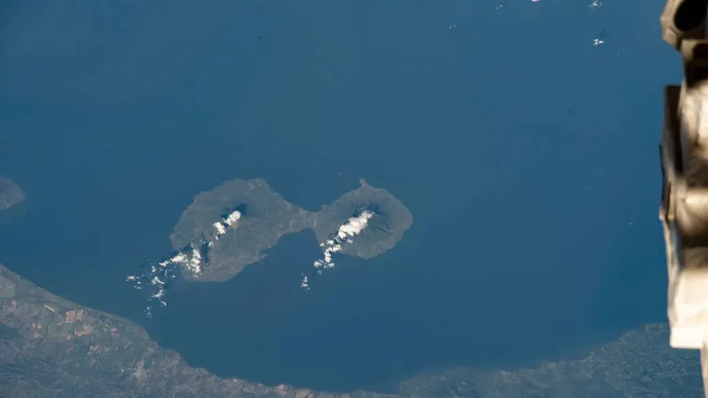 Aerial view of Ometepe Island showing Maderas Volcano and its twin peak