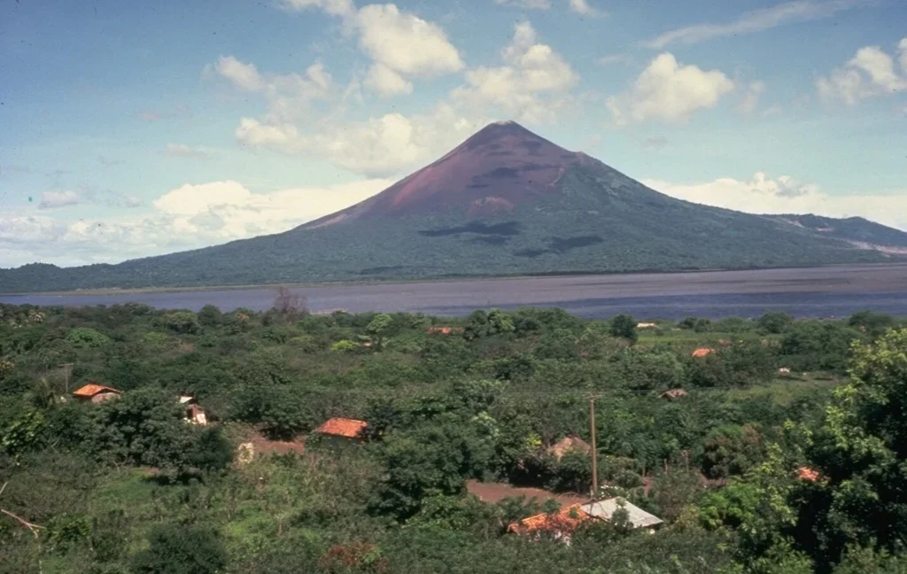 Momotombo Volcano symmetrical cone rising above Lake Managua in Nicaragua"