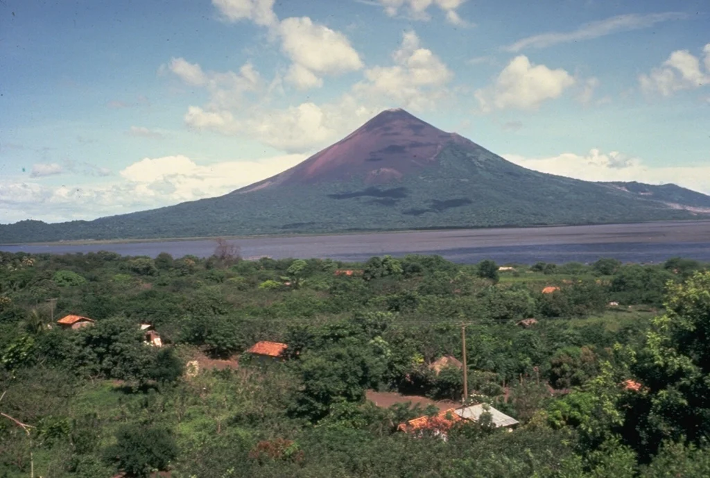 Momotombo Volcano symmetrical cone rising above Lake Managua in Nicaragua"