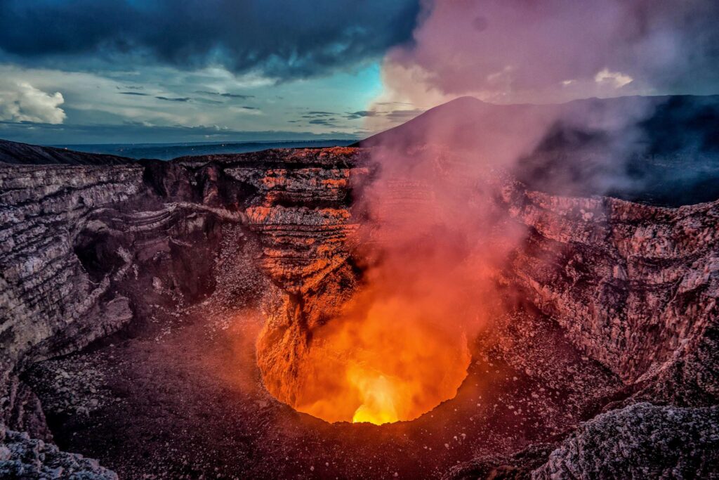 Santiago Crater Volcano glowing lava lake at night in Masaya National Park