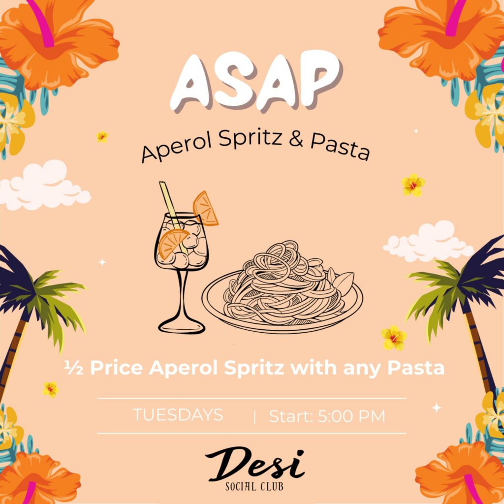 Desi Social Club Aperol Spritz and Pasta
