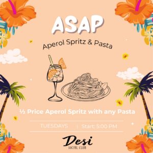 Desi Social Club Aperol Spritz and Pasta