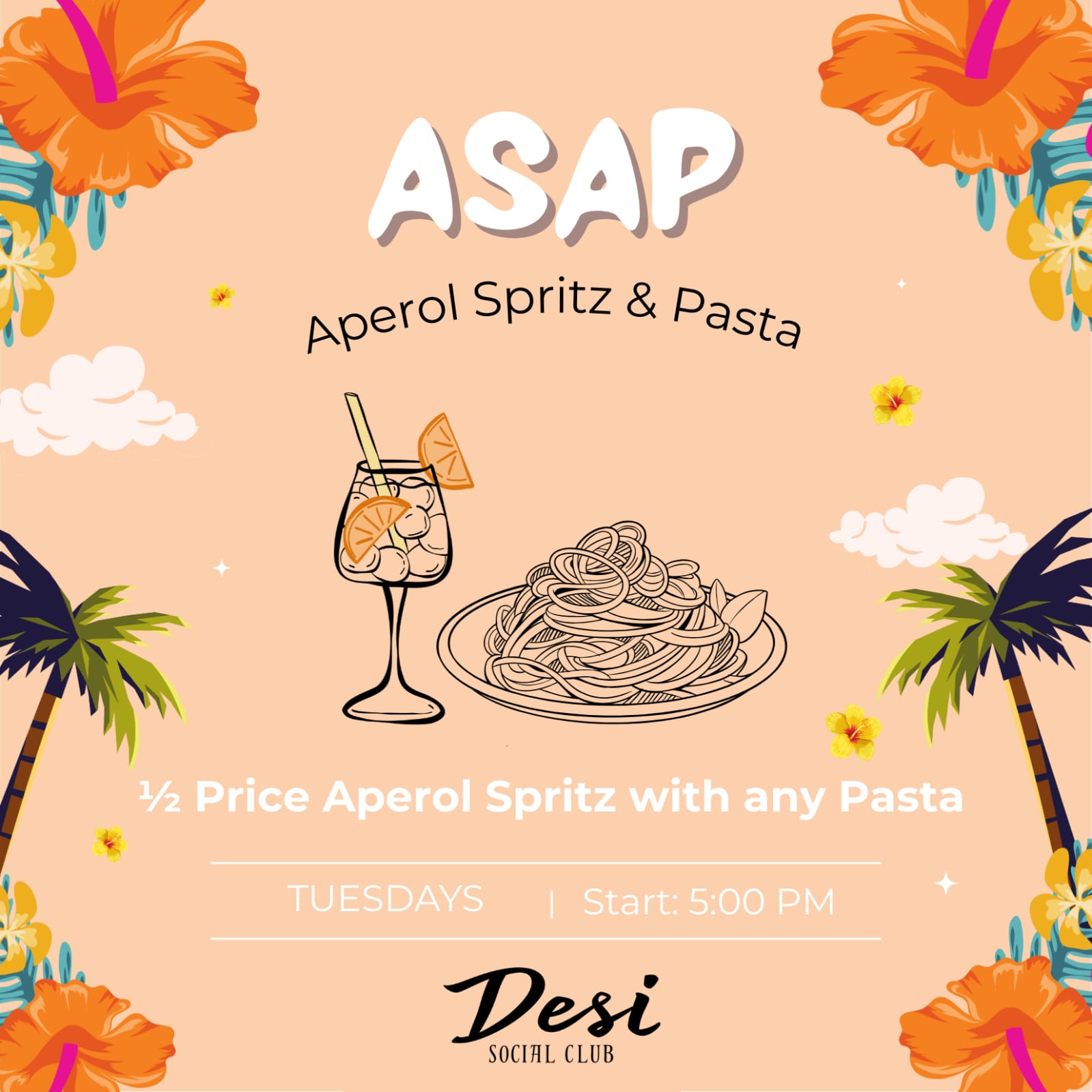 Desi Social Club Aperol Spritz and Pasta