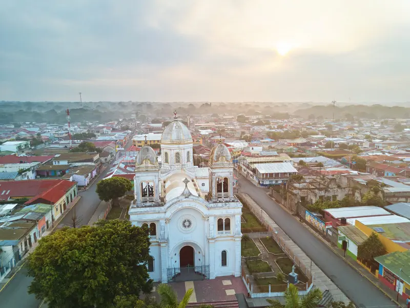 Aerial view of the Basilica and town center in Diriamba, Nicaragua