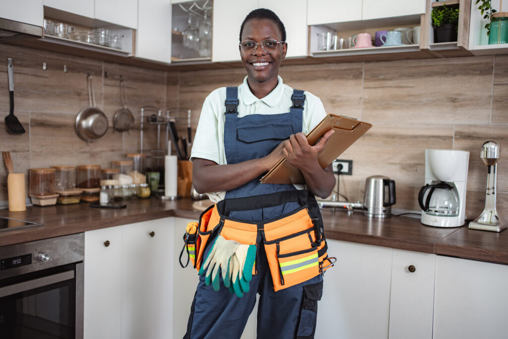Nicaragua maintenance worker standing in a kitchen making a list of maintenance work.
