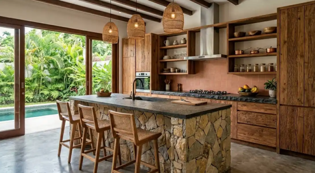 Tropical villa kitchen stocked through Nicaragua Airbnb Provisioning