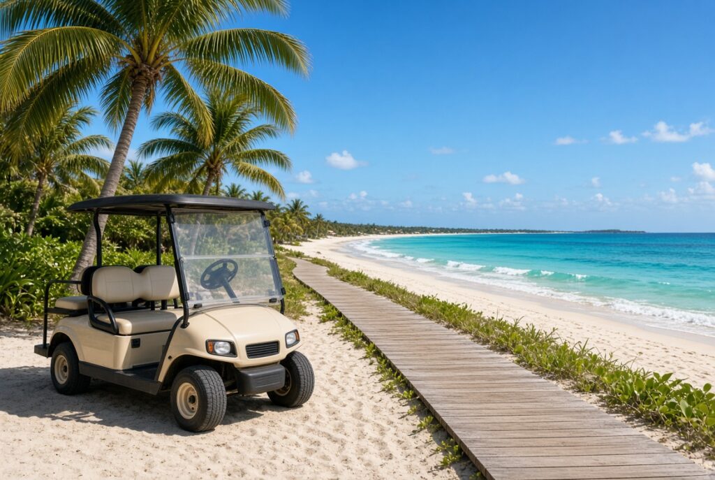 Comfortable rental vehicle for Nicaragua Transportation parked on sandy path next to turquoise Caribbean beach on Big Corn Island